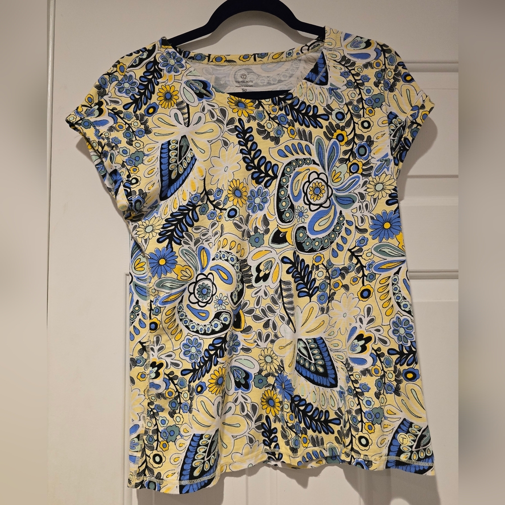 T By Talbots Petite Size Small Yellow Floral Print Cap Sleeve Blouse - Picture 1 of 5